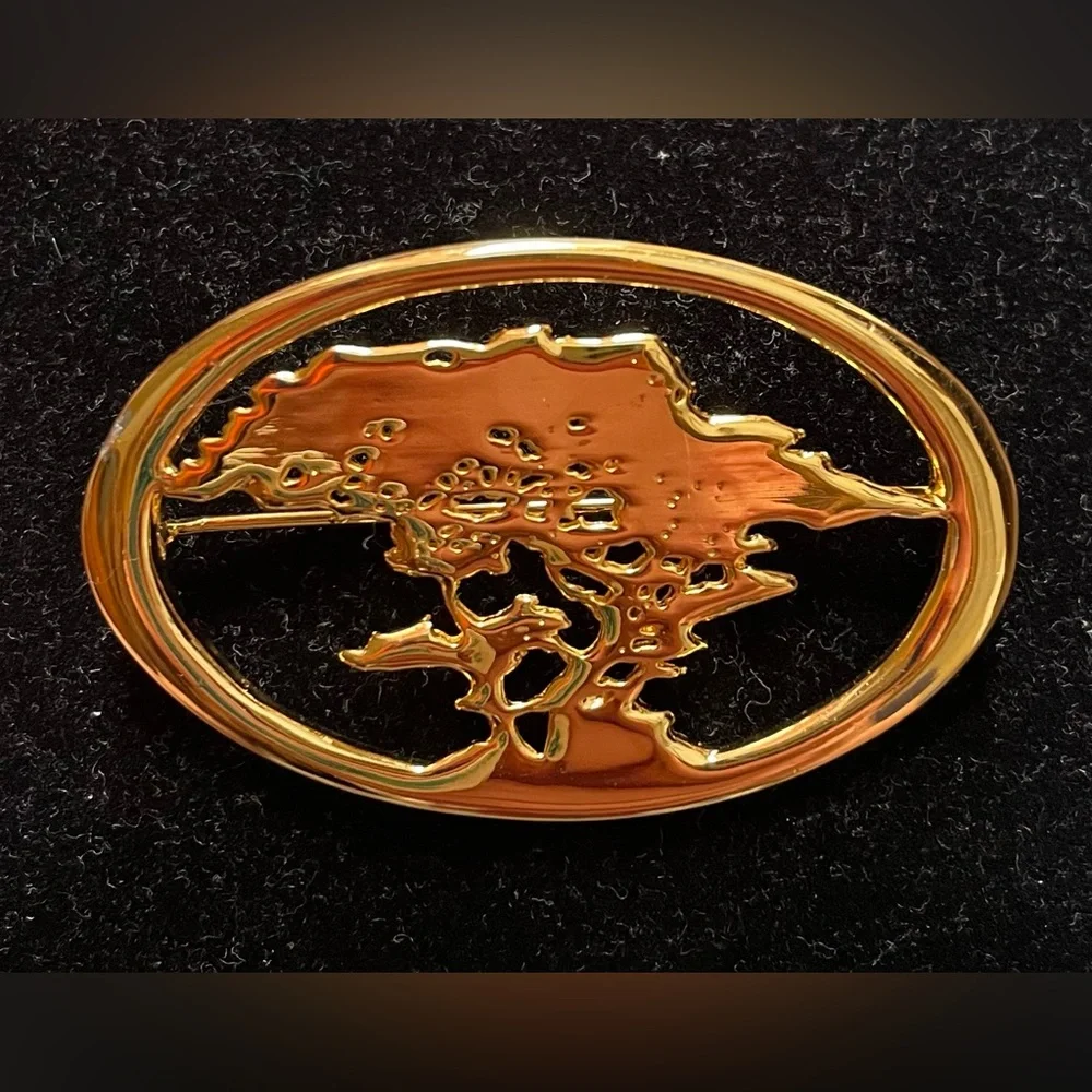 Vintage Lovell Designs Gold Tone Brooch Pin Card Ken Kantro Cypress Tree Signed